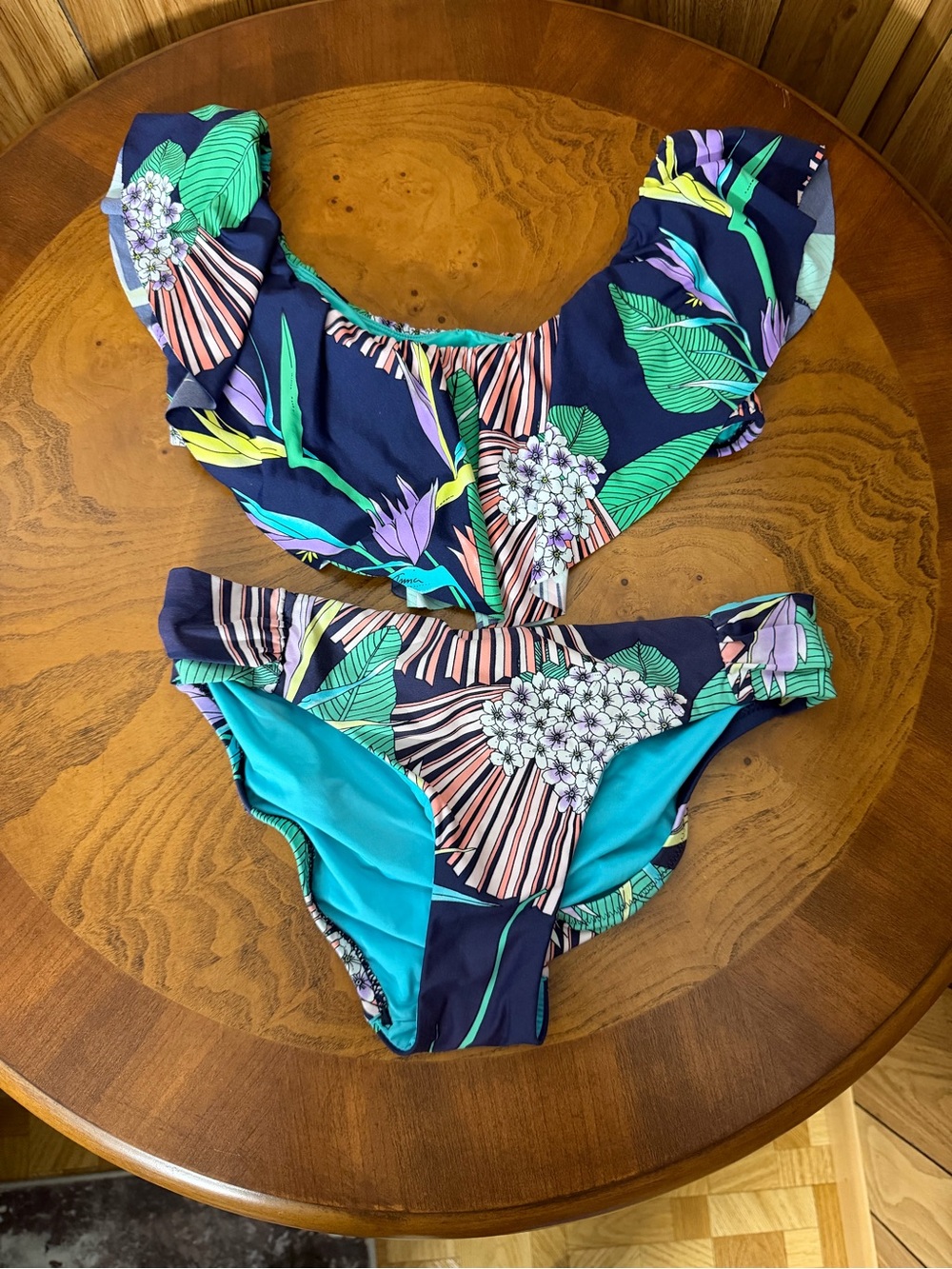 Trina Turk “Midnight Paradise” Tropical Ruffle Bikini Set - Size 4
